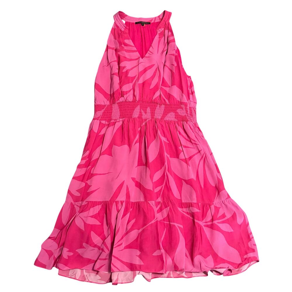 Caballero Sleeveless Dress Smocked Waist High Low Hem Tropical Print Pink Medium - Picture 6 of 9